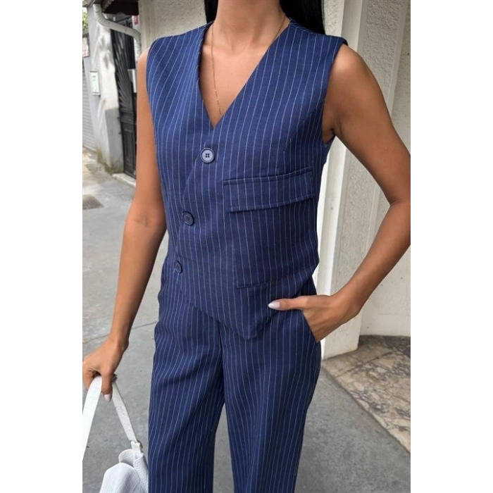 Yeleği Çapraz Detay Düğmeli Cepli Yelekli Takım 10150