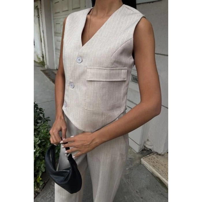 Yeleği Çapraz Detay Düğmeli Cepli Yelekli Takım 10150