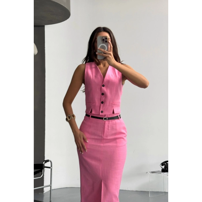 YELEK-ÖNDEN YIRTMAÇLI ETEK TK ŞANTUK KETEN - Pembe