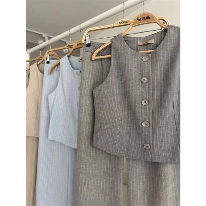 Yelek Plazzo Pantolon Çizgili Flamlı Poliviscon Takım 10178