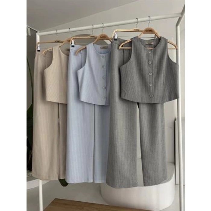 Yelek Plazzo Pantolon Çizgili Flamlı Poliviscon Takım 10178