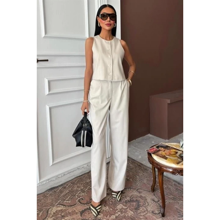 Yelek Plazzo Pantolon Çizgili Flamlı Poliviscon Takım 10178