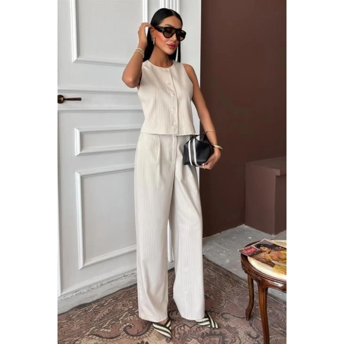 Yelek Plazzo Pantolon Çizgili Flamlı Poliviscon Takım 10178