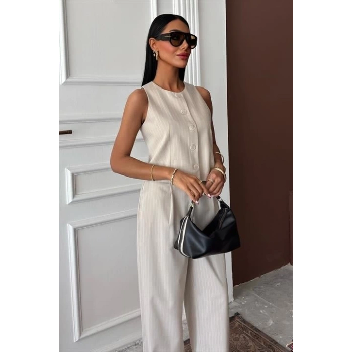 Yelek Plazzo Pantolon Çizgili Flamlı Poliviscon Takım 10178