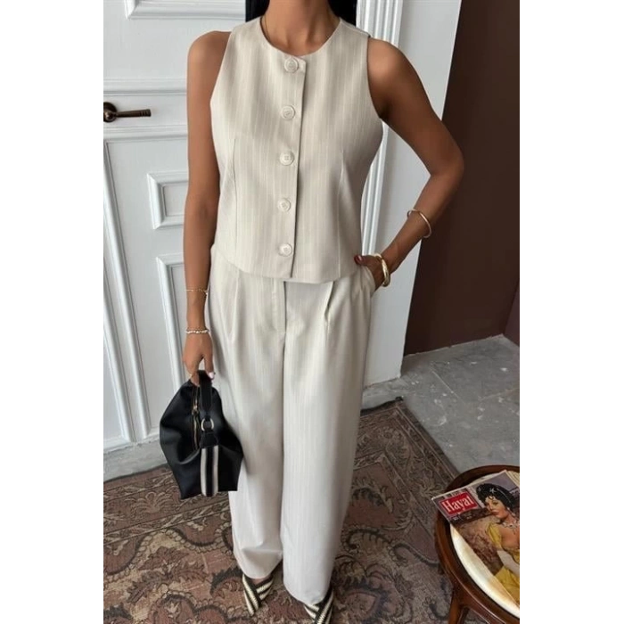 Yelek Plazzo Pantolon Çizgili Flamlı Poliviscon Takım 10178