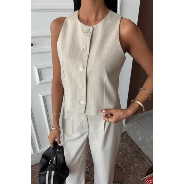 Yelek Plazzo Pantolon Çizgili Flamlı Poliviscon Takım 10178