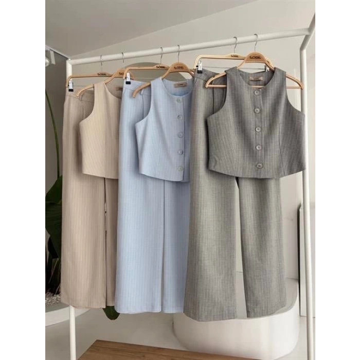 Yelek Plazzo Pantolon Çizgili Flamlı Poliviscon Takım 10178