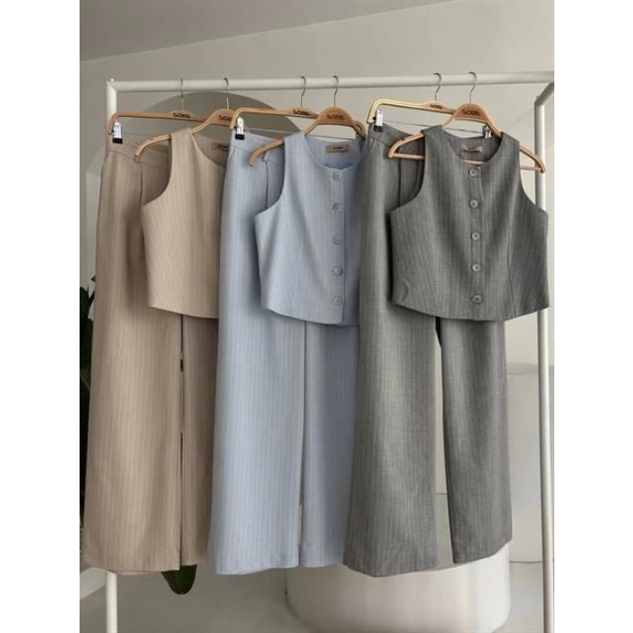 Yelek Plazzo Pantolon Çizgili Flamlı Poliviscon Takım 10178