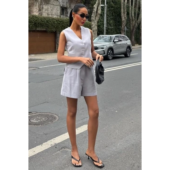 Yelek Şort Flamlı Keten Takım 10133-17