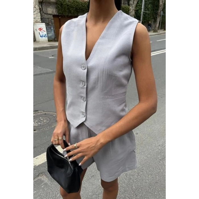 Yelek Şort Flamlı Keten Takım 10133-17