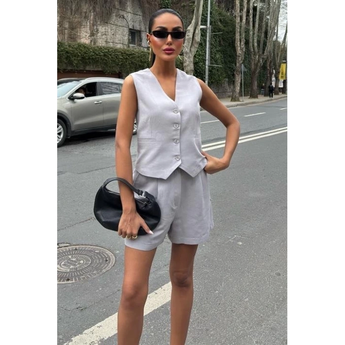 Yelek Şort Flamlı Keten Takım 10133-17