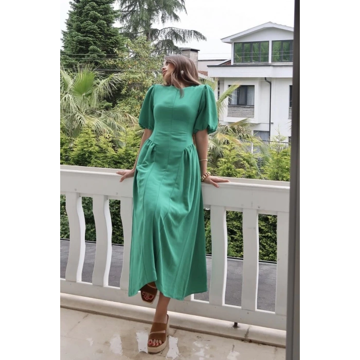 Yeşil Arkadan Bağlamalı Büzgülü Keten Elbise