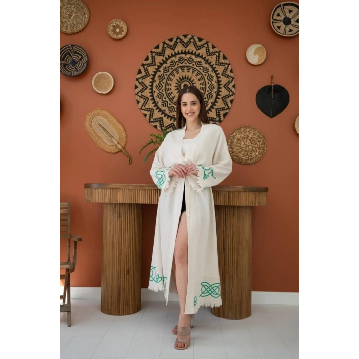 Yeşil Baskı Detay Keten Hırka