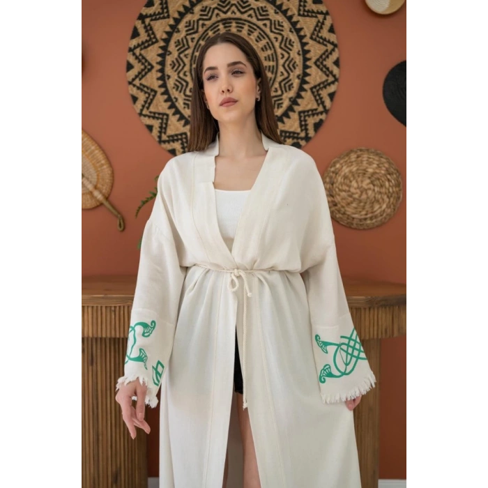 Yeşil Baskı Detay Keten Hırka