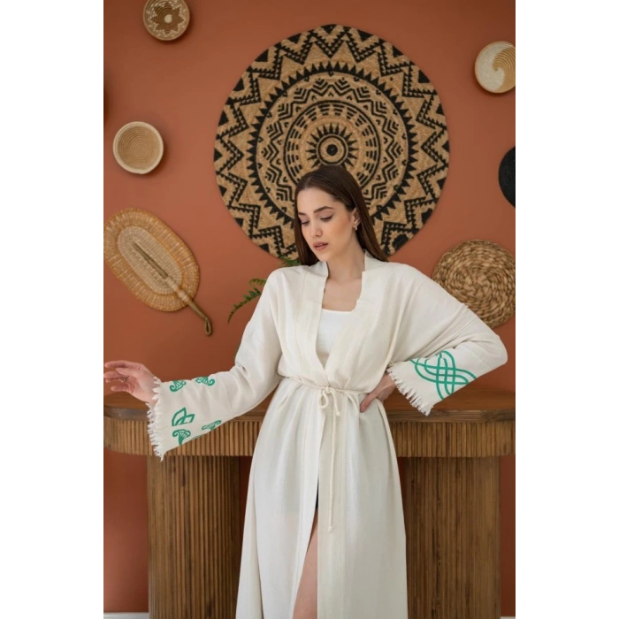 Yeşil Baskı Detay Keten Hırka