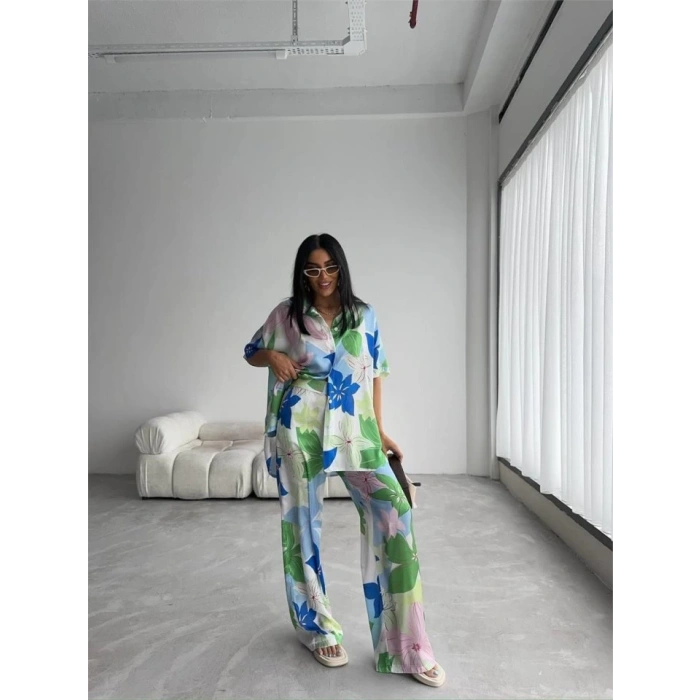 YEŞİL BÜYÜK ÇİÇEK DESEN SATEN GÖMLEK-PANTOLON TAKIM - Yeşil