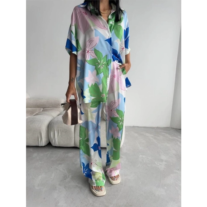 YEŞİL BÜYÜK ÇİÇEK DESEN SATEN GÖMLEK-PANTOLON TAKIM - Yeşil