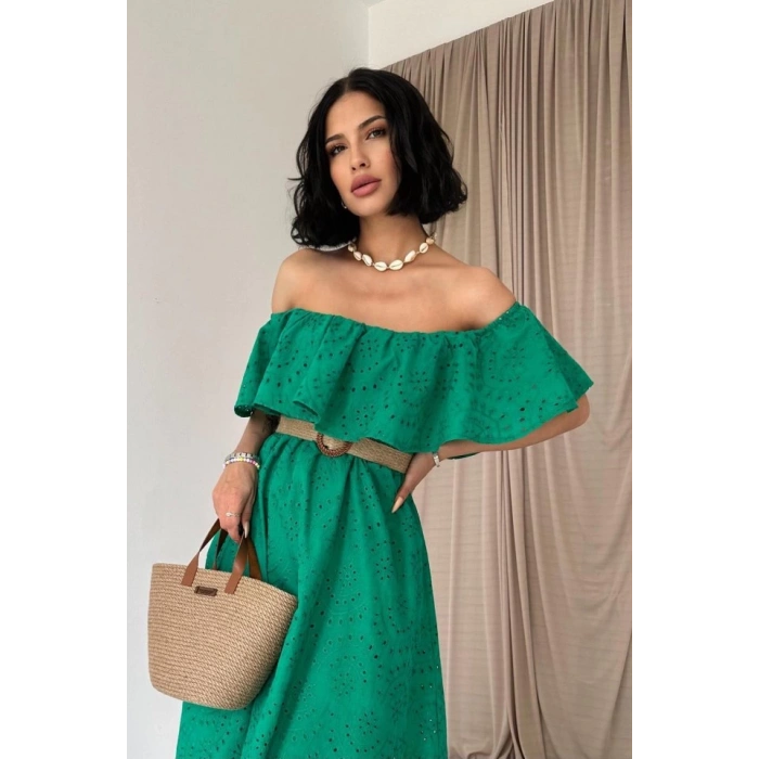 Yeşil Omzu Lastikli Brode Elbise