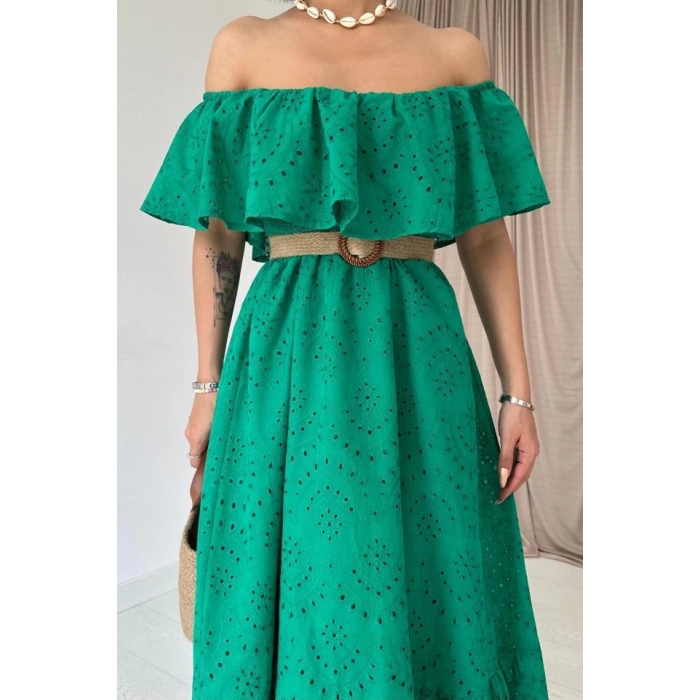 Yeşil Omzu Lastikli Brode Elbise