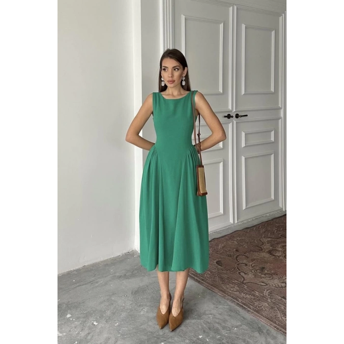 Yeşil Yanları Büzgülü Midi Boy Keten Elbise