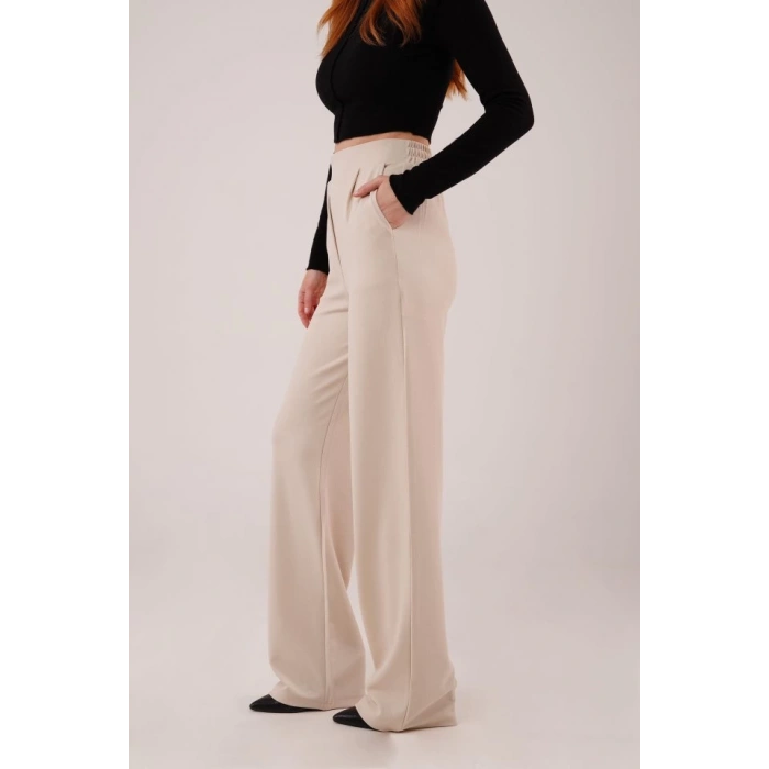 Yüksek Bel Bol Paça Krep Krem Pantolon