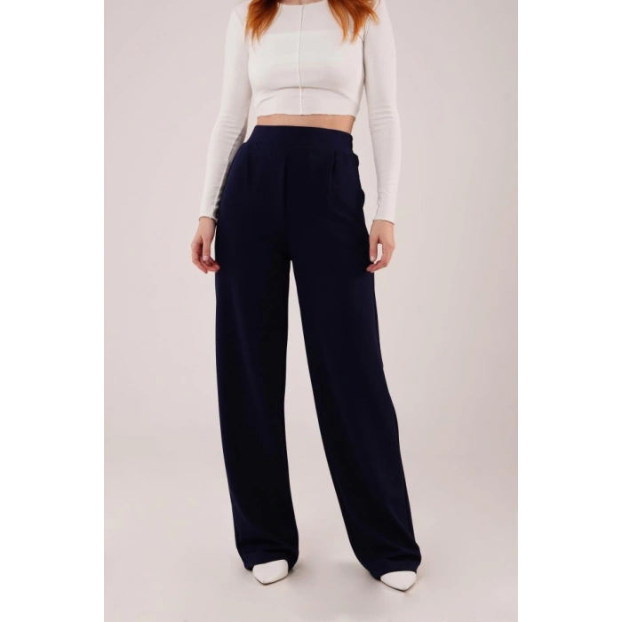 Yüksek Bel Bol Paça Krep Lacivert Pantolon