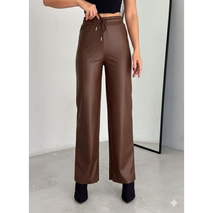 Yüksek Bel Geniş Paça Içi şardonlu Deri Pantolon.