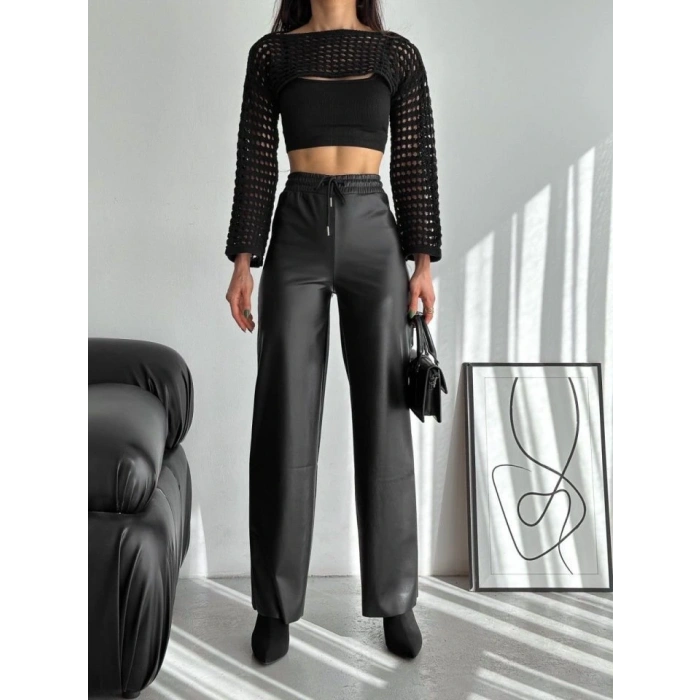 Yüksek Bel Geniş Paça Içi şardonlu Deri Pantolon.
