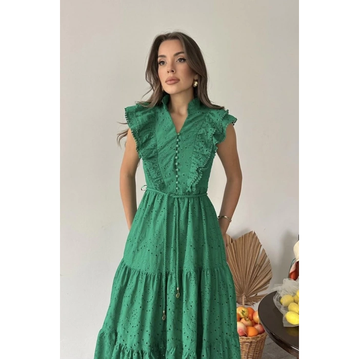 Zümrüt Fırfırlı Düğmeli Elbise