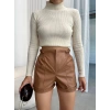 Beli lastikli deri şort kahve H24605