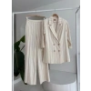 Blazer Ceketli Çizgili Keten Takım 10186