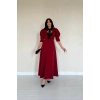 Bordo Ön Dekolteli Fiyonk Garnili Uzun Elbise