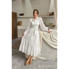 Ekru Çizgi Desenli Uzun Elbise