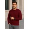 Erkek Bisiklet Yuvarlak Yaka Triko Kazak Pamuklu Kalın Fitilli Dokuma, Regular Fit Uzun Kollu Kışlık Model - Bordo