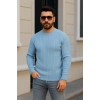 Erkek Bisiklet Yuvarlak Yaka Triko Kazak Pamuklu Kalın Fitilli Dokuma, Regular Fit Uzun Kollu Kışlık Model - Bebe Mavisi