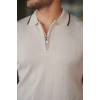 Erkek Fermuar Yakalı çizgi Dokulu Kısa Kollu Tişört