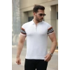 Erkek Fermuar Yakalı Kolları Desenli Kısa Kollu Tişört