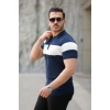 Erkek Fermuar Yakalı şerit Renk Desenli Kısa Kollu Tişört