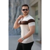 Erkek Fermuar Yakalı şerit Renk Desenli Kısa Kollu Tişört