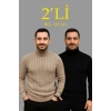 Erkek Fitilli Triko Kazak 2li Set Bej Siyah Regular Balıkcı Yaka Tam Boğazlı Triko Seti Modeli Kazak