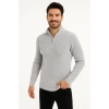 Erkek Yarım Fermuarlı Triko Kazak – Selanik Örgü, Dik Yaka, Pamuklu Dokuma, Regular Fit Uzun Kollu Kışlık Model - Gri