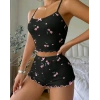 Kadın Siyah Kiraz Desenli Seksi Gecelik Takım 9003
