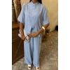 Hakim Yaka Çapraz Düğmeli Plazzo Pantolon Viscon Keten Takım 10091