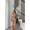 JAKARLI BLUZU TASARIM DETAYLI CEKET-PANTOLON-BLUZ 3 LÜ TAKIM - Bej