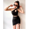Kadın Asimetrik Yaka Detay Crop Ve Yüksek Bel Mini Etek Ikili Takim