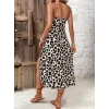 Kadın Askılı Yakadan Bağcıklı Yırtmaçlı Leopar Desenli Midi Süprem Elbise