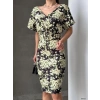 Kadın Dalgıç Kumaş V Yaka çiçek Desenli Kuşaklı Kalem Elbise