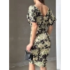 Kadın Dalgıç Kumaş V Yaka çiçek Desenli Kuşaklı Kalem Elbise