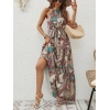 Kadın Halter Yakalı Omuzlardan Açık Kuşaklı Maksi Boy Desenli Süprem Elbise
