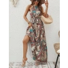 Kadın Halter Yakalı Omuzlardan Açık Kuşaklı Maksi Boy Desenli Süprem Elbise